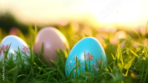 Horizontal video colorful Easter eggs lying on green meadow grass