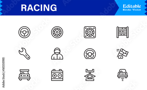 Racing Essentials in a Professional Line Icon Set – Modern, Minimal, Pixel-Perfect Symbols for Motorsports and Speed Themes