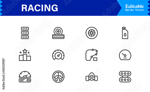 Racing Essentials in a Professional Line Icon Set – Modern, Minimal, Pixel-Perfect Symbols for Motorsports and Speed Themes
