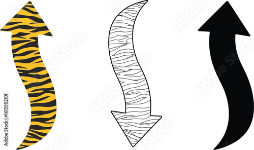 Three curved arrows illustration showing direction with tiger pattern and solid black arrow