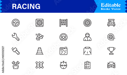 Racing Essentials in a Professional Line Icon Set – Modern, Minimal, Pixel-Perfect Symbols for Motorsports and Speed Themes