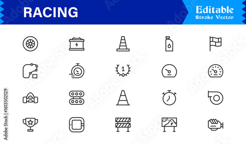 Racing Essentials in a Professional Line Icon Set – Modern, Minimal, Pixel-Perfect Symbols for Motorsports and Speed Themes