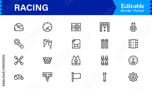 Racing Essentials in a Professional Line Icon Set – Modern, Minimal, Pixel-Perfect Symbols for Motorsports and Speed Themes