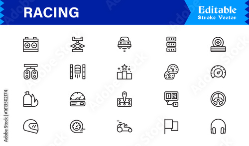 Racing Essentials in a Professional Line Icon Set – Modern, Minimal, Pixel-Perfect Symbols for Motorsports and Speed Themes