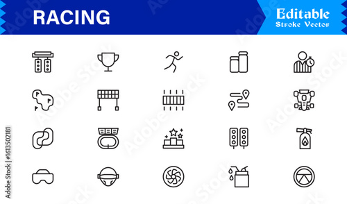Racing Essentials in a Professional Line Icon Set – Modern, Minimal, Pixel-Perfect Symbols for Motorsports and Speed Themes