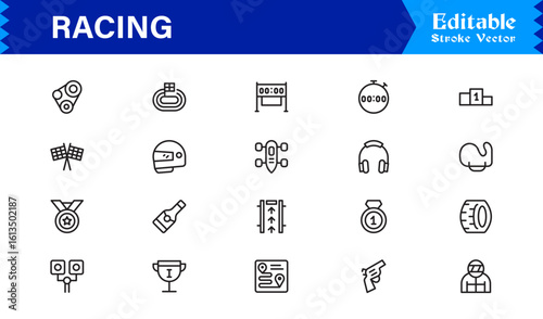 Racing Essentials in a Professional Line Icon Set – Modern, Minimal, Pixel-Perfect Symbols for Motorsports and Speed Themes