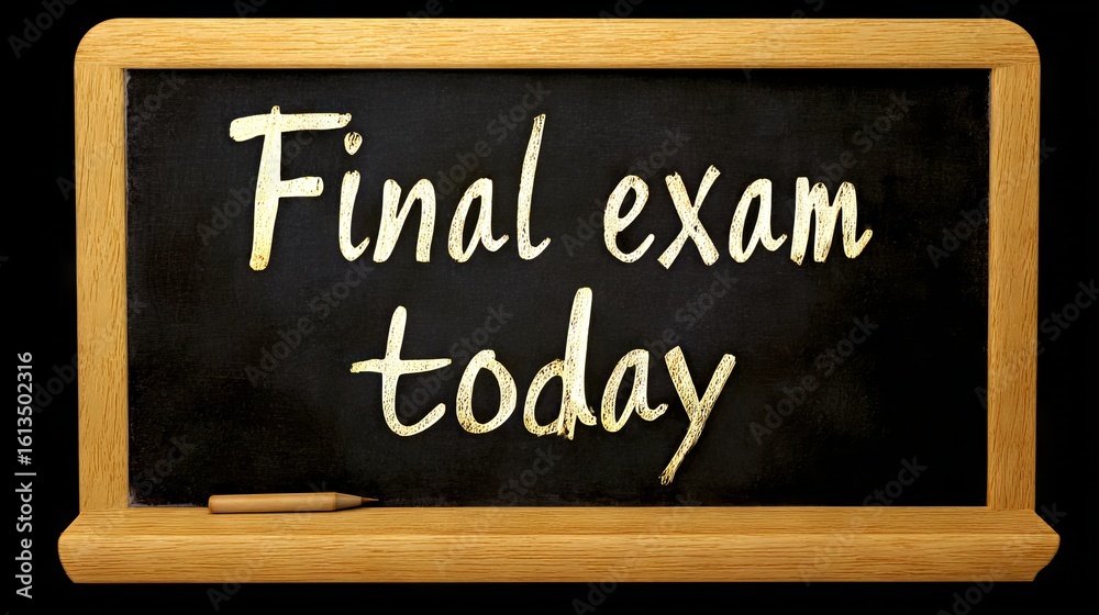 Fototapeta premium Blackboard displaying handwritten message about final exam today, with wooden frame and chalk, creating an educational atmosphere for students preparing for assessments