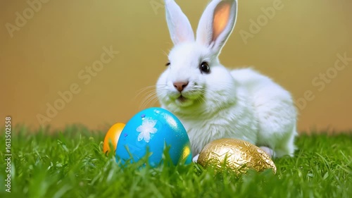 Horizontal video white Easter bunny sitting on green meadow near decorated eggs
