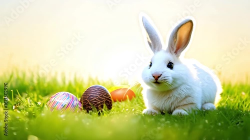 Horizontal video white Easter bunny sitting on green meadow near decorated eggs