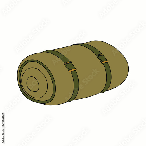 Rolled olive sleeping bag with green straps and buckles vector