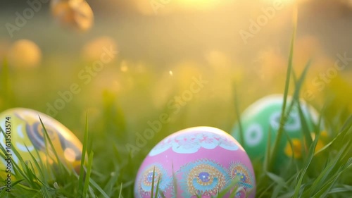Horizontal video colorful Easter eggs lying on green meadow grass