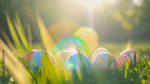 Horizontal video colorful Easter eggs lying on green meadow grass