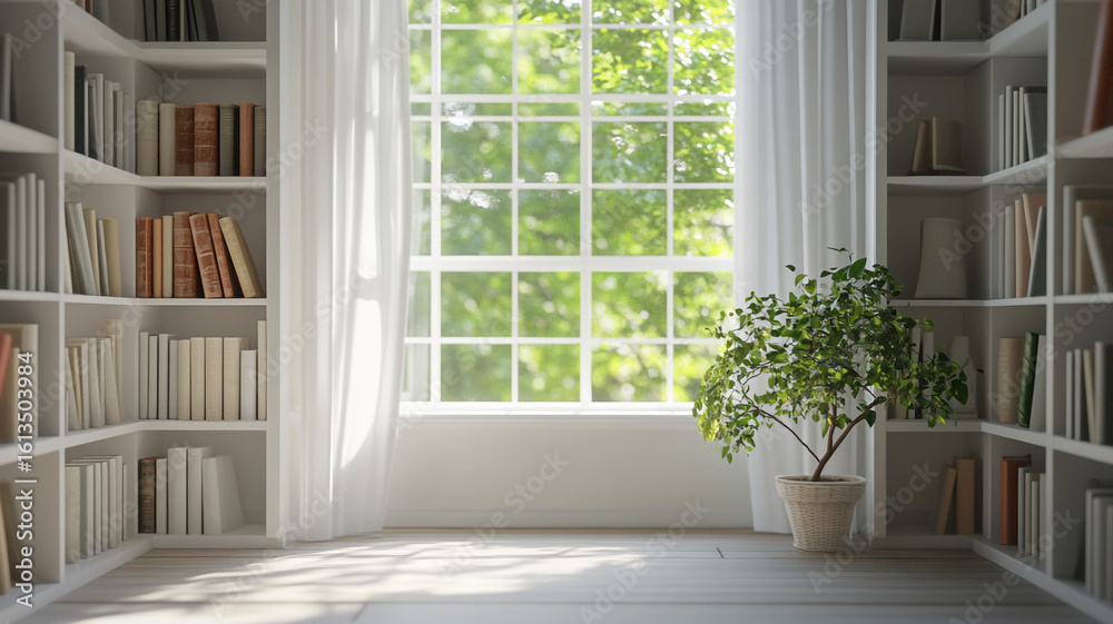 Fototapeta premium Stylish white bookshelf in living room
