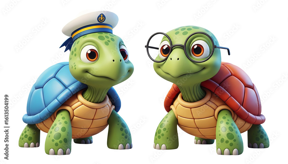 Fototapeta premium 3D cartoon turtles in sailor hat and glasses isolated on transparent background, PNG file add