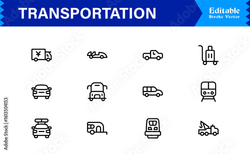 Transportation Icons in a Professional Line Icon Collection – Modern, Minimal, and Fully Scalable Vector Symbols for Digital Projects