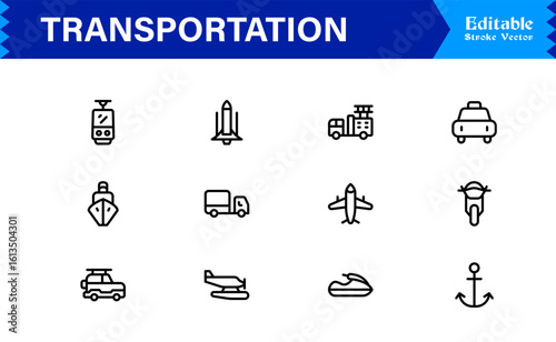 Transportation Icons in a Professional Line Icon Collection – Modern, Minimal, and Fully Scalable Vector Symbols for Digital Projects