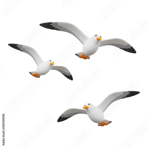 3D cartoon flying seagulls isolated on transparent background, PNG file 