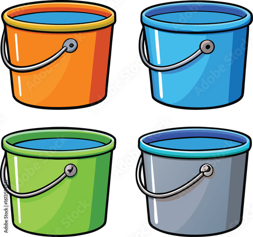 Four colorful buckets filled with water orange blue