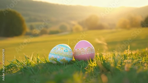 Horizontal video colorful Easter eggs lying on green meadow grass