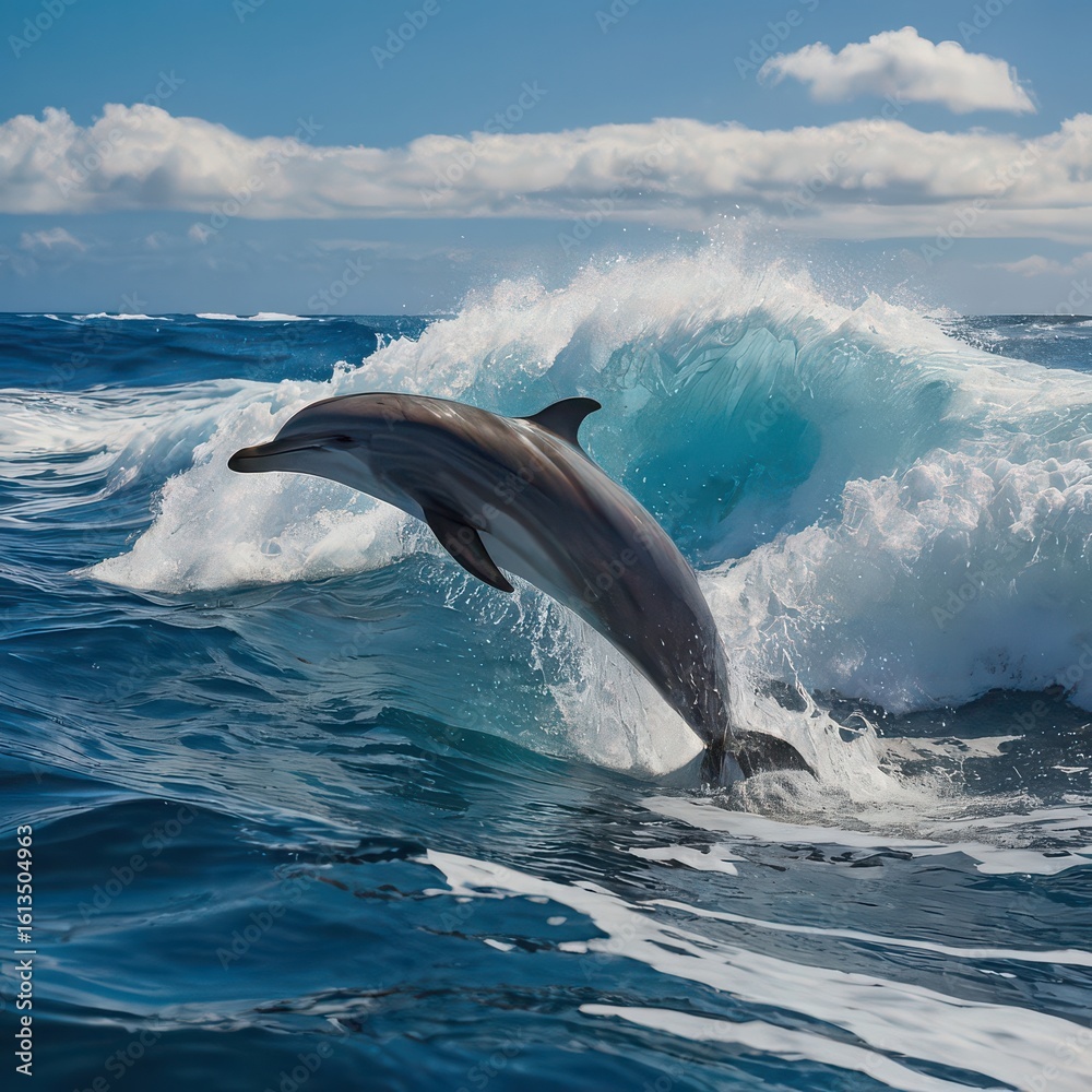 Fototapeta premium A dolphin leaping out of the ocean water with a large wave and cloudy sky in the background view