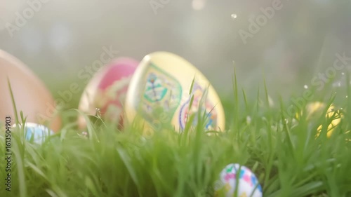 Horizontal video colorful Easter eggs lying on green meadow grass