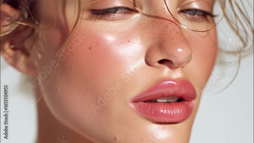 Glowing skin, soft pink lips showcasing professional makeup artistry for beauty industry marketing campaign video 4k