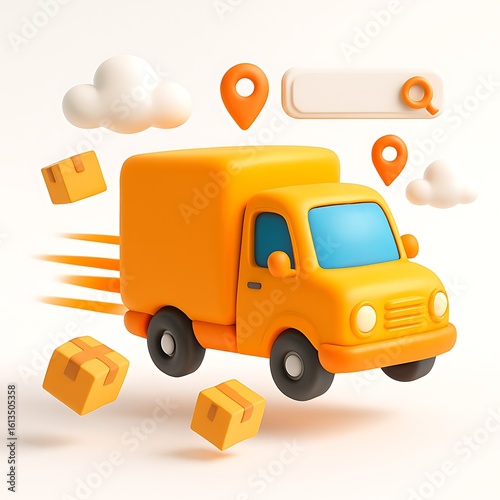 Fast delivery truck with packages and location pins 3d illustration