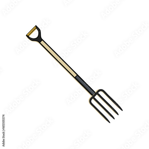 Black and gold garden pitchfork with a curved handle tool digging