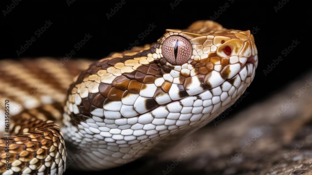 Obraz premium Close-up of a venomous snake with detailed scales and a striking eye pattern against a dark background.