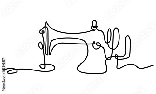 Sewing machine in continuous line art drawing style. Abstract old style sewing-machine for atelier or tailor sign design. Minimalist black linear sketch Vector Template Illustration