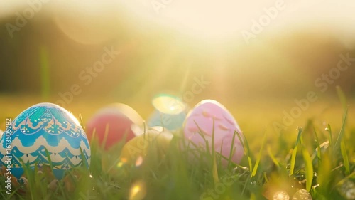 Horizontal video colorful Easter eggs lying on green meadow grass