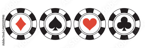 Poker chips color icons vector set. Playing poker concept. Isolated Casino poker chip logo. Poker symbols.