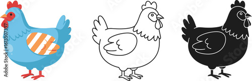 Three cartoon chicken illustrations for kids coloring pages and educational resources use