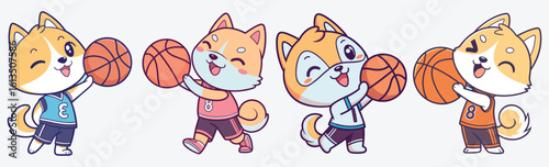 Canvas Print Cute cartoon Shiba Inu dogs in basketball jerseys playing with balls