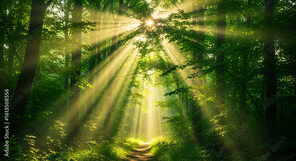 Naklejka premium Sunlight streaming through forest trees creating magical and serene atmosphere
