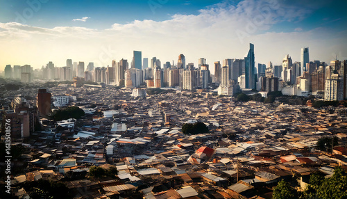 Stunning aerial view of a sprawling cityscape juxtaposed with a dense, low-income neighborhood.  Captures the stark contrast of urban development and socioeconomic disparity.