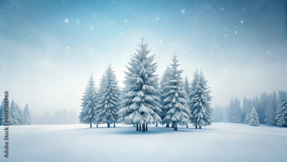 Naklejka premium Serene Winter Wonderland Snow-Covered Evergreens in a Misty, Snowy Field Under a Starry Sky