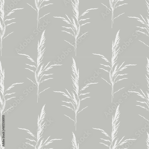 Pattern with cereal Meadow bluegrass, Calamagrostis acutiflora. Light silhouettes of twig prints on gray background.
