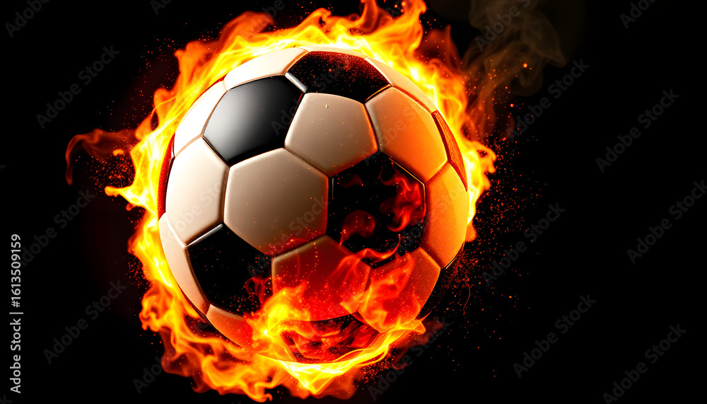 Fototapeta premium Intense Football Engulfed in Blazing Flames and Sparks Against a Dark Background.