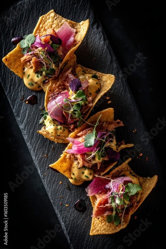 Gourmet Pulled Pork Nachos Appetizer.
