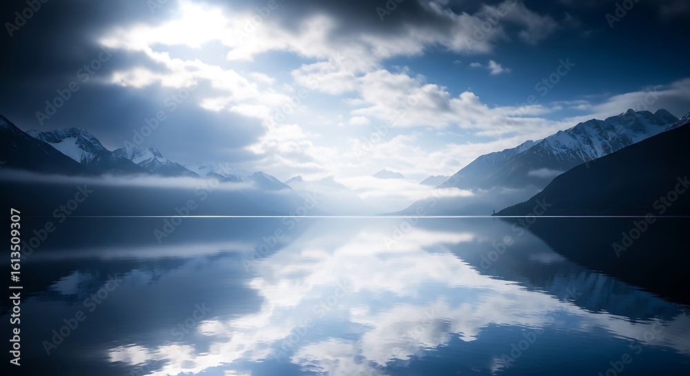 Obraz premium Majestic mountain lake scene with perfect reflections and dramatic cloudy sky