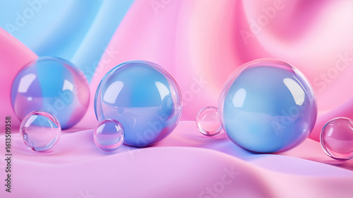 Glossy 3D spheres of jelly texture balanced on matte abstract shapes