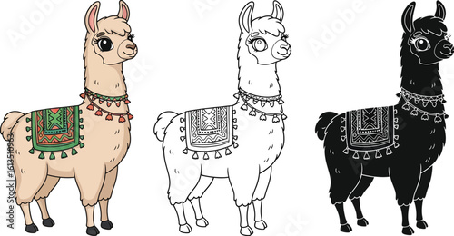 Cute cartoon llama vector illustration with saddle for kids coloring page and design