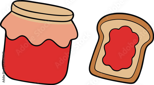 Jar of red jam and slice of toast with jam fruit spread