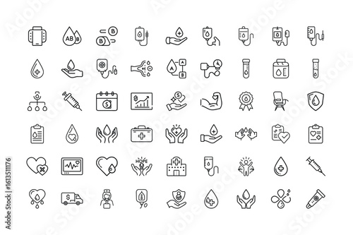 Blood donation vector art of collection of medical icons related to blood donation and healthcare