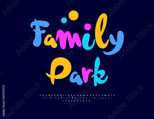 Vector Festive board Family Park. Joyful Kids Font. Holiday Colorful Alphabet Letters and Numbers set. 