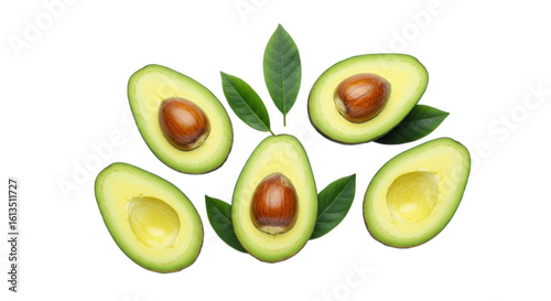 Halved avocados with green leaves arrangement isolated on transparent background
