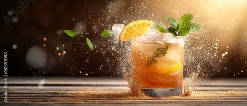 Refreshing beverage in glass with orange slice. Ice cubes and mint leaves float above wooden surface. Liquid splashes around drink.