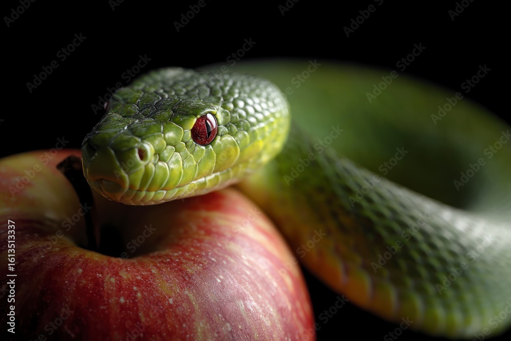 Fototapeta premium A green snake rests on a red apple against a black backdrop