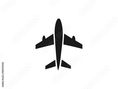 A clean, bold silhouette of a commercial jet against a white background.